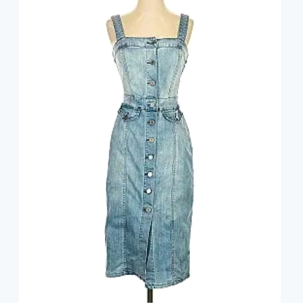 Indigo Rein Stretch Denim Button Front Overall Dress adjustable straps Size M